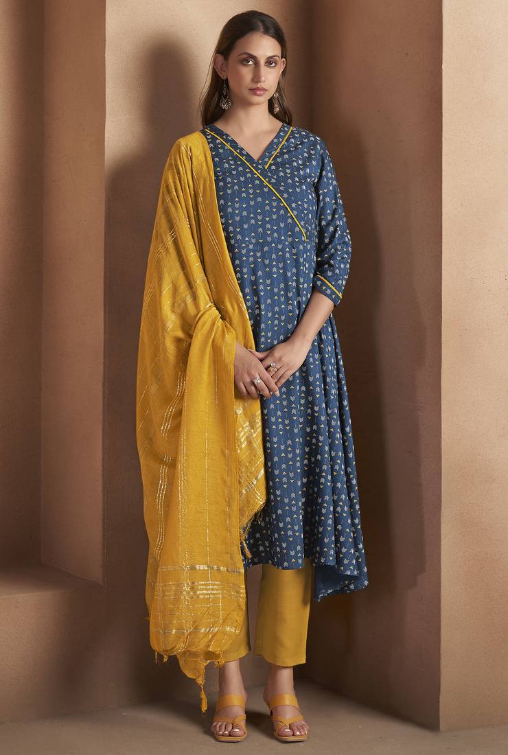 Navy blue viscose rayon printed kurta set for women