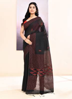 Women's black sequins embellished cotton blend jamdani saree 5