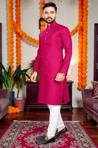  rani pink plain cotton blend  men's only kurta