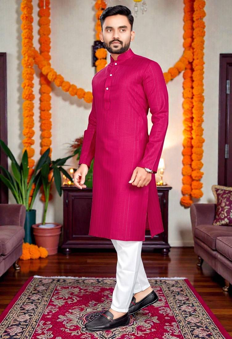  rani pink plain cotton blend  men's only kurta