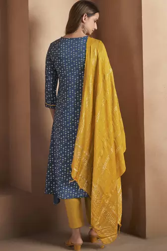 Navy blue viscose rayon printed kurta set for women