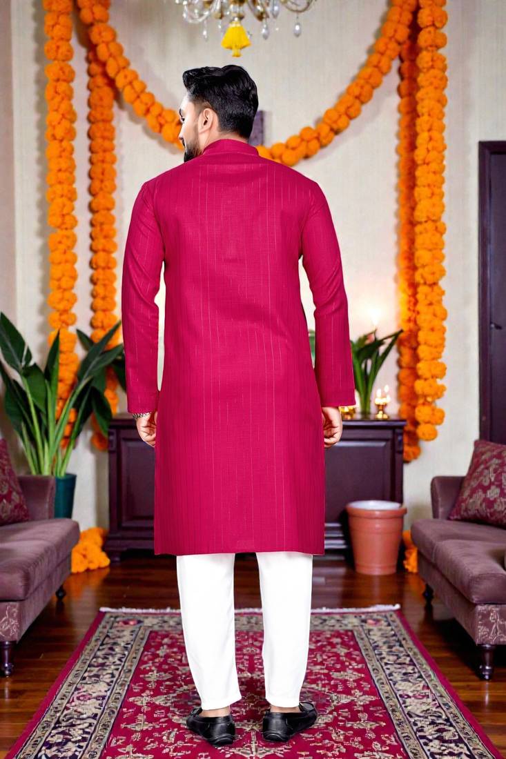  rani pink plain cotton blend  men's only kurta