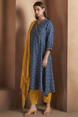 Navy blue viscose rayon printed kurta set for women 3