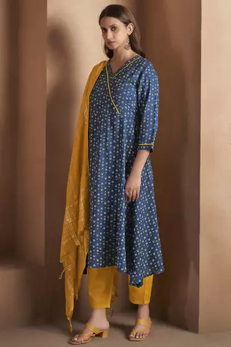 Navy blue viscose rayon printed kurta set for women