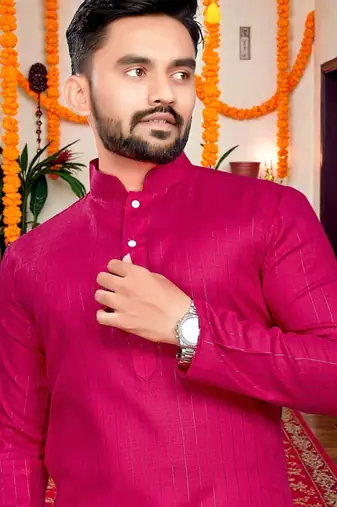  rani pink plain cotton blend  men's only kurta