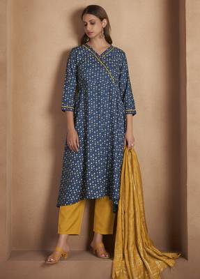 Navy blue viscose rayon printed kurta set for women 4