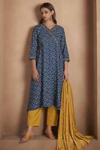 Navy blue viscose rayon printed kurta set for women