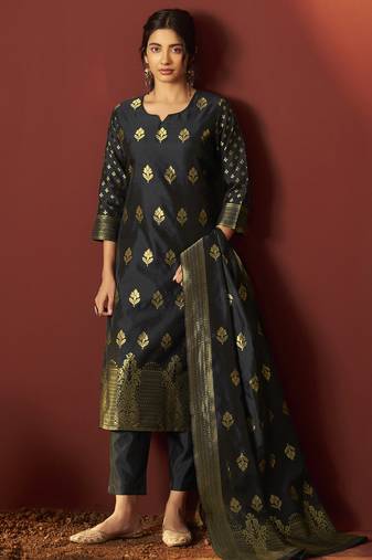 Black silk blend jacquard zari work kurta set with dupatta for women