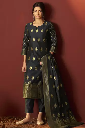 Black silk blend jacquard zari work kurta set with dupatta for women