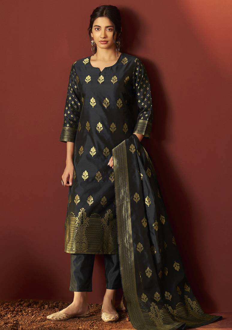 Black silk blend jacquard zari work kurta set with dupatta for women