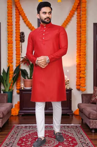  red plain cotton blend  men's only kurta