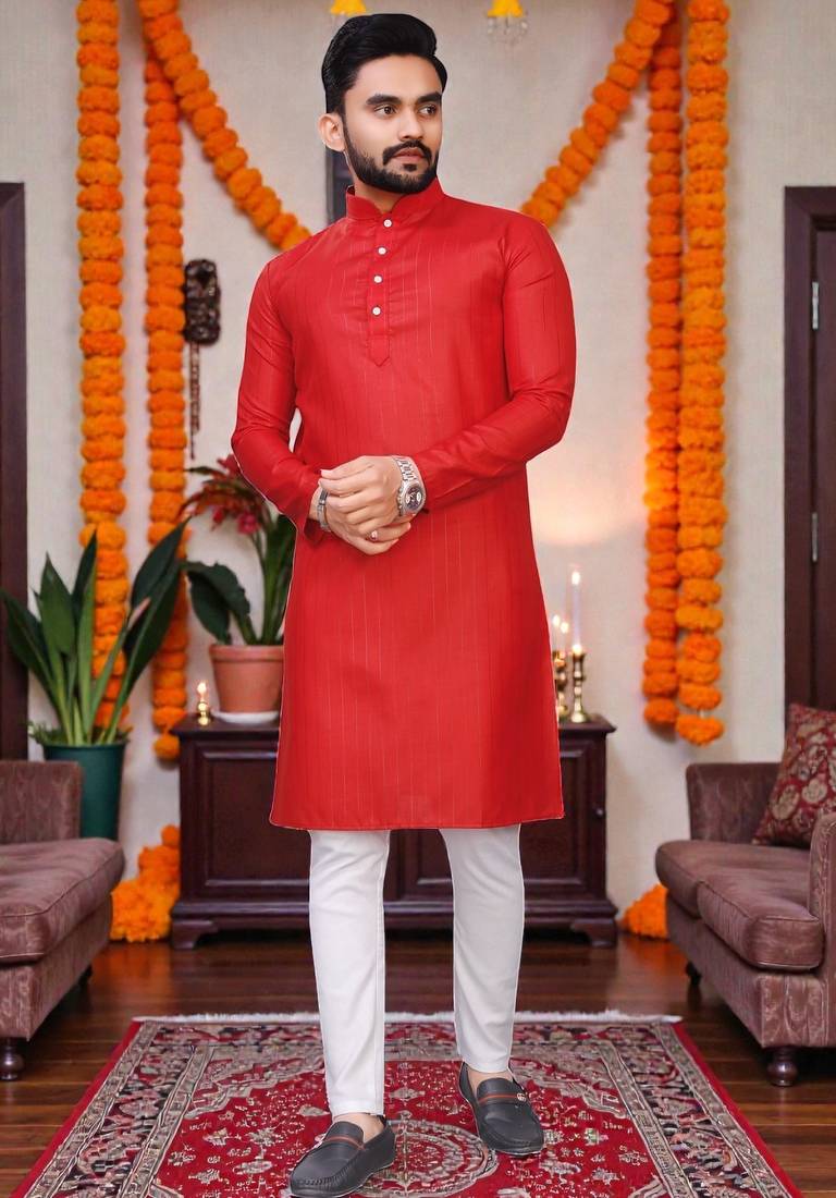  red plain cotton blend  men's only kurta