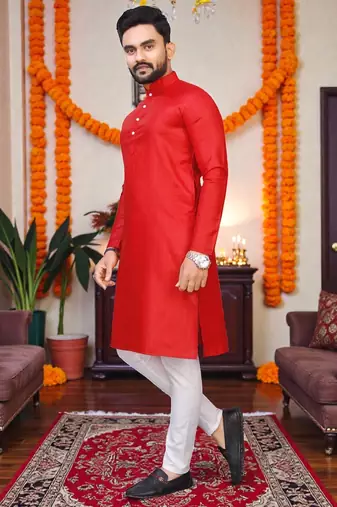  red plain cotton blend  men's only kurta