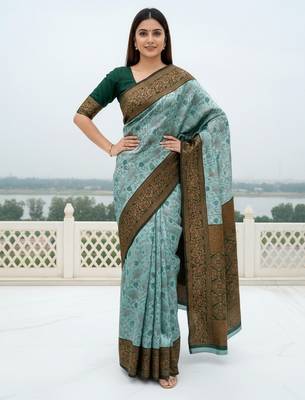 Sea green silk blend banarasi saree with unstitched blouse piece 1