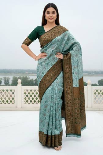 Sea green soft silk blend banarasi jacuard work designer party wear saree with unstitched blouse piece