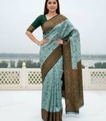 Sea green silk blend banarasi saree with unstitched blouse piece