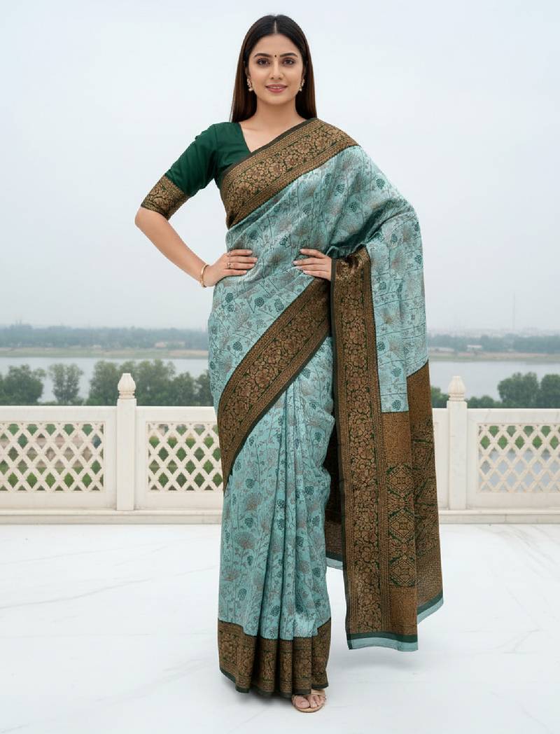 Sea green soft silk blend banarasi jacuard work designer party wear saree with unstitched blouse piece