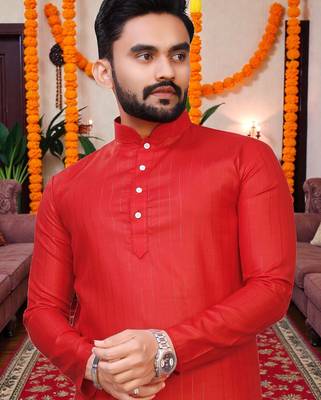  red plain cotton blend  men's only kurta 4