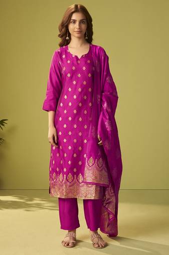 Dark pink silk blend jacquard zari work kurta set with dupatta for women