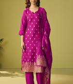 Dark pink silk blend jacquard zari work kurta set with dupatta for women
