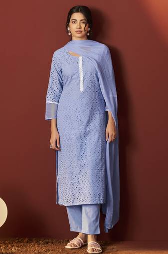 Sky blue pure cotton schiffly work kurta set with dupatta for women