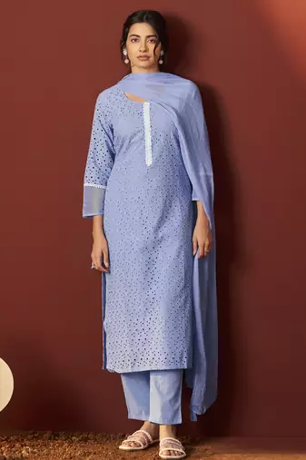 Sky blue pure cotton schiffly work kurta set with dupatta for women