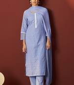 Sky blue pure cotton schiffly work kurta set with dupatta for women