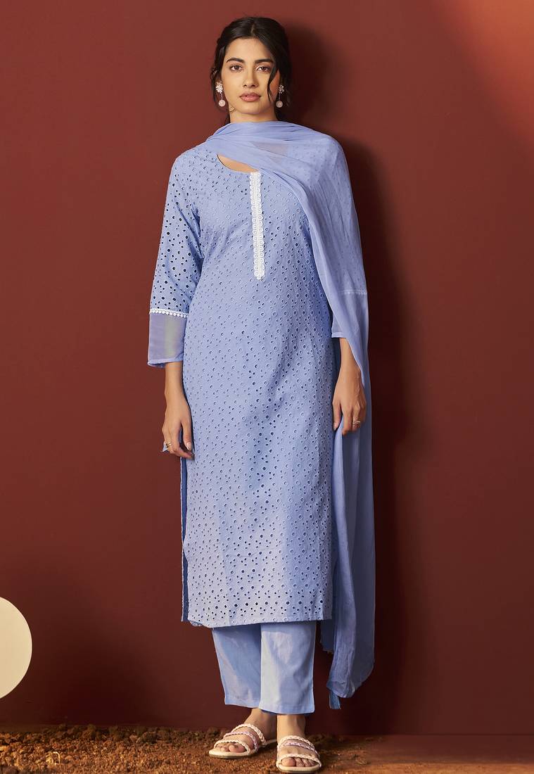 Sky blue pure cotton schiffly work kurta set with dupatta for women