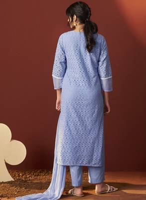 Sky blue pure cotton schiffly work kurta set with dupatta for women 2