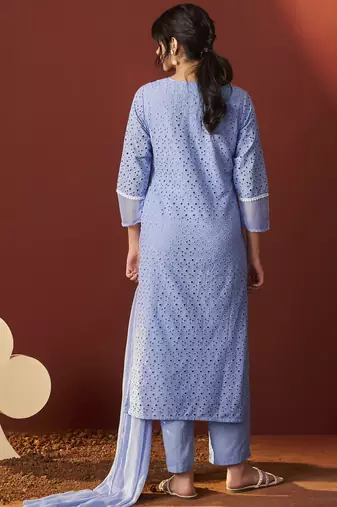 Sky blue pure cotton schiffly work kurta set with dupatta for women