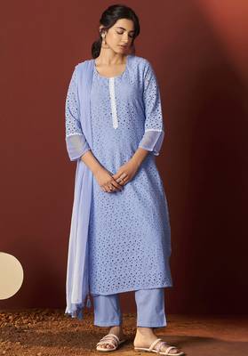 Sky blue pure cotton schiffly work kurta set with dupatta for women 3