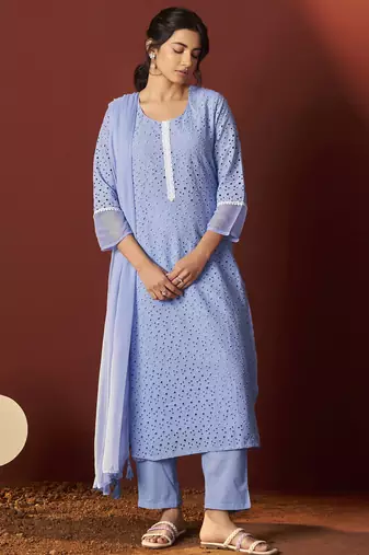 Sky blue pure cotton schiffly work kurta set with dupatta for women