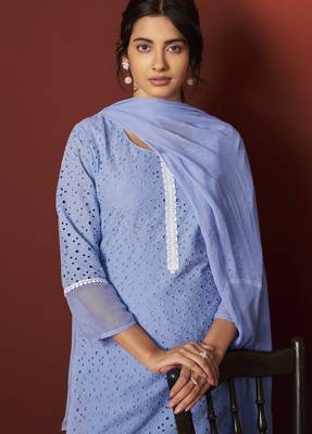 Sky blue pure cotton schiffly work kurta set with dupatta for women 4