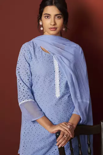 Sky blue pure cotton schiffly work kurta set with dupatta for women