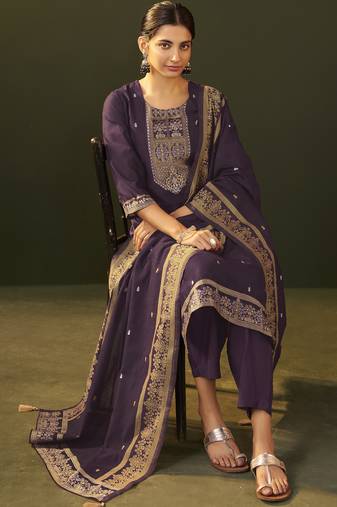 Purple jacquard silk blend straight kurta set with dupatta