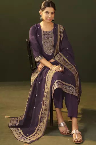 Purple jacquard silk blend straight kurta set with dupatta