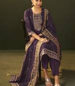 Purple jacquard silk blend straight kurta set with dupatta
