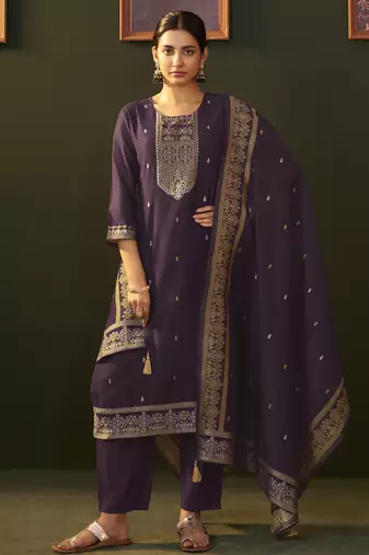 Purple jacquard silk blend straight kurta set with dupatta