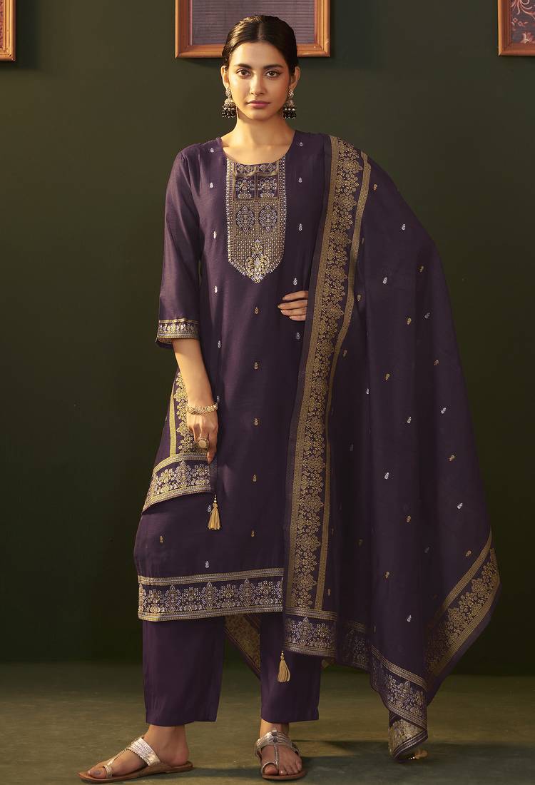 Purple jacquard silk blend straight kurta set with dupatta