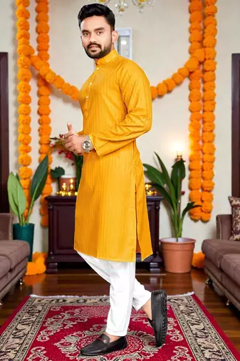 Twinkle yellow plain cotton blend  men's only kurta