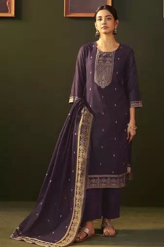 Purple jacquard silk blend straight kurta set with dupatta