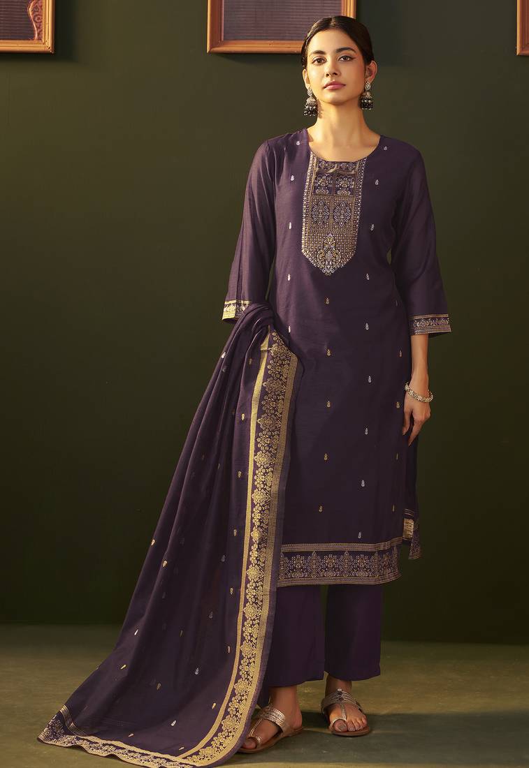 Purple jacquard silk blend straight kurta set with dupatta