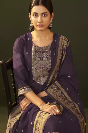 Purple jacquard silk blend straight kurta set with dupatta