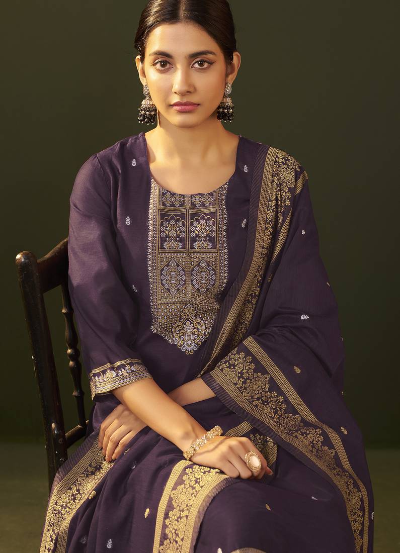 Purple jacquard silk blend straight kurta set with dupatta