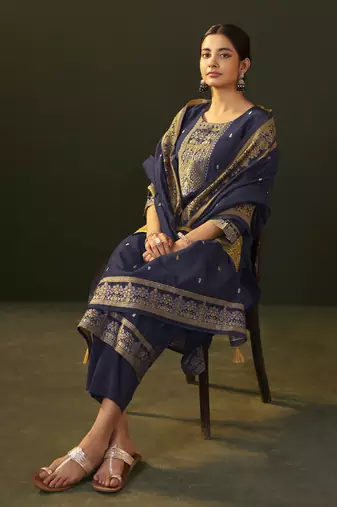 Navy blue jacquard silk blend straight kurta set with dupatta