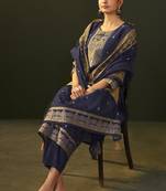 Navy blue jacquard silk blend straight kurta set with dupatta