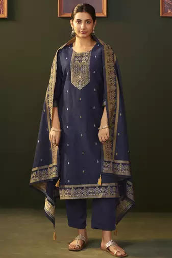 Navy blue jacquard silk blend straight kurta set with dupatta