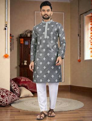  grey embroidered  silk only men's kurta 1