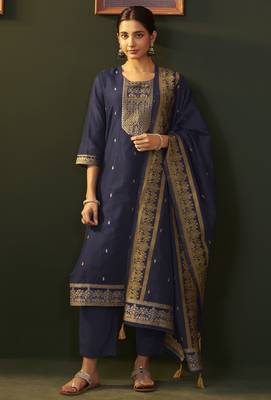 Navy blue jacquard silk blend straight kurta set with dupatta 3