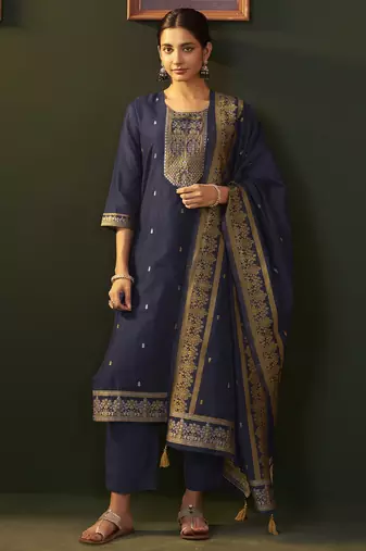 Navy blue jacquard silk blend straight kurta set with dupatta